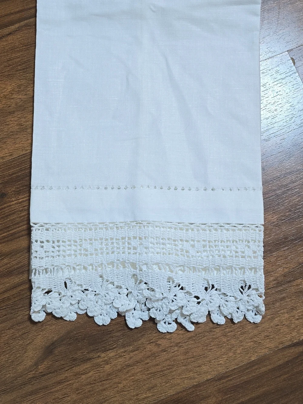 Pair Of Linen Embroidered Crochet Tea Towels